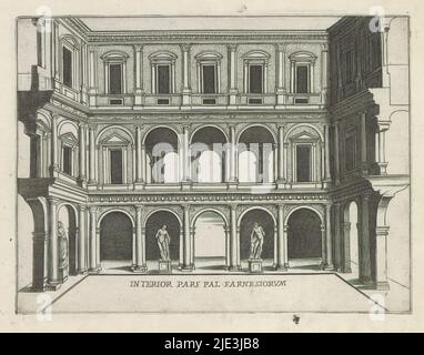 Cortile di Palazzo Farnese a Roma, interno pars Pal. Farnesiorum (titolo su oggetto), edifici famosi a Roma e oltre (titolo della serie), palazzi diversi nell'alma cità di Roma, et oltre (titolo della serie su oggetto), Print fa parte di un album., tipografo: Giacomo Lauro, dopo disegno di: Antonio da Sangallo (II), dopo disegno di: Giacomo Barozzi Vignola, tipografo: Roma, dopo disegno di: Roma, dopo disegno di: Roma, dopo disegno di: Roma, editore: Roma, Vaticano, 1638, carta, incisione, altezza 176 mm x larghezza 235 mm Foto Stock