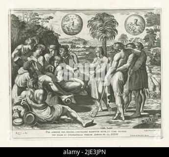 Joseph racconta i suoi sogni ai suoi fratelli, la Bibbia di Raffaello (titolo della serie), i dipinti nella Loggia di Raffaello (titolo della serie), Imagines Veteris ac Novi Testamenti (titolo della serie), Joseph spiega il suo sogno ai suoi fratelli. Egli dice loro che nel suo sogno le pecore di grano dei suoi fratelli si chinavano alle sue, e che anche il sole, la luna e le stelle si chinavano a lui. Versetto della Bibbia sotto l'immagine. Print fa parte di un album., print maker: Cesare Fantetti, (menzionato sull'oggetto), dopo disegno di: Cesare Fantetti, (menzionato sull'oggetto), dopo disegno di: Rafaël, (menzionato sull'oggetto), print maker: Italia, dopo disegno b Foto Stock