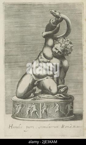 Scultura di giovani Ercole in lotta con un serpente, Herculis pueri simulacrum Romae (titolo sull'oggetto), sculture antiche a Roma (titolo della serie), Antiquarum statuarum urbis Romae quae in publicis locis visuntur icones (titolo della serie), Caption in latino. Print fa parte di un album., print maker: anonymous, editore: Andrea Vaccari, print maker: Italy, editore: Rome, 1584, carta, incisione, altezza 222 mm x larghezza 135 mm Foto Stock