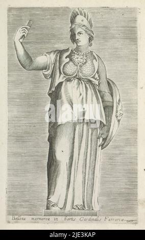 Scultura di Bellona, Bellona marmorea in hortis cardinalis Farrariae (titolo sull'oggetto), sculture antiche a Roma (titolo della serie), Antiquarum statuarum urbis Romae quae in publicis locis visuntur icones (titolo della serie), Caption in latino. Print fa parte di un album., print maker: anonymous, editore: Andrea Vaccari, print maker: Italy, editore: Rome, 1584, carta, incisione, altezza 222 mm x larghezza 134 mm Foto Stock