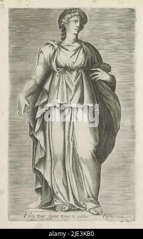 Scultura di Flora, Flora deae signum Romae in aedibus Farnesianis (titolo sull'oggetto), sculture antiche a Roma (titolo della serie), Antiquarum statuarum urbis Romae quae in publicis locis visuntur icones (titolo della serie), Caption in latino. Print fa parte di un album., print maker: anonymous, editore: Andrea Vaccari, print maker: Italy, editore: Rome, 1584, carta, incisione, altezza 225 mm x larghezza 134 mm Foto Stock