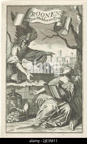 Rappresentazione allegorica con il tempo e la storia del Padre, Vroonens Begin Midden en Eynde (titolo sull'oggetto), tempo del Padre con punti a clessidra personificazione della storia con libro a una città fortificata in lontananza., tipografia: Pieter van den Berge, 1702, carta, incisione, altezza 141 mm x larghezza 87 mm Foto Stock