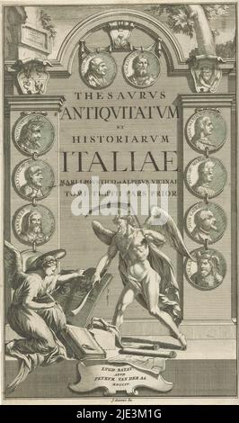 Rappresentazione allegorica con il tempo e la storia del Padre, pagina del titolo di: Johannes Georgius Graevius, Thesaurus antiquitatum et historiarum Italiae, 1704, Monumento con medaglioni ritratti a catene. Prima di esso, Padre tempo con scythe gira una pagina del libro in cui scrive una figura allegorica femminile, possibilmente Storia, creatore di stampa: anonimo, dopo disegno da: Jan Goeree, (menzionato sull'oggetto), editore: Pieter van der AA (i), (menzionato sull'oggetto), Leiden, 1704, carta, incisione, altezza 316 mm x larghezza 189 mm Foto Stock