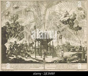 Fuochi d'artificio a Mosca alla celebrazione della fine della guerra russo-turca, 1775 (atto i e II), Representation du Feu d'artificice, tirée en Presence de SA Majesté Imperiale à l'ocasion des Fêtes de la paix concluse entre la Russie et la Porte ottomane (titolo della serie sull'oggetto), Fuochi d'artificio a Mosca alla celebrazione del 23 luglio 1775 della fine della guerra russo-turca con la conclusione del trattato di Küçük Kaynarca. I fuochi d'artificio partorite alla presenza della Czarina Caterina la Grande. Parte di una serie di tre lastre con didascalie in russo e francese., tipografia: Enell'ian Alekseevič Fedoseev, ( Foto Stock