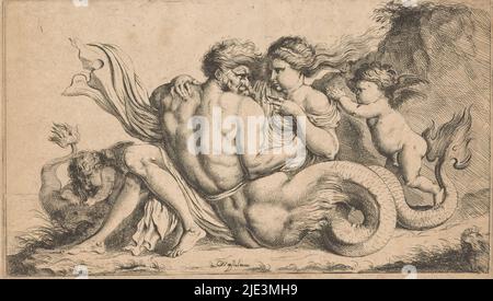 Triton e ninfa, Triton e una ninfa in abbraccio, con due putti accanto a loro ., tipografo: Caspar Jacob van Opstal (II), (attribuito a), dopo disegno di: Caspar Jacob van Opstal (II), (menzionato in oggetto), Paesi Bassi, c.. 1670 - c. 1680, carta, incisione, incisione, altezza 190 mm x larghezza 325 mm Foto Stock