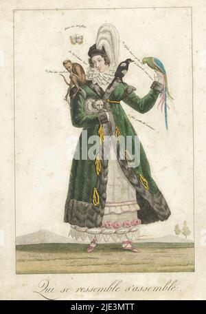 Allegoria della Donna, qui se ressemble s'assemble (titolo sull'oggetto), Donna in abbigliamento alla moda porta vari animali che rappresentano le sue caratteristiche, tra cui una farfalla (volatilità), scimmia (mischietto), pappagallo (nattering), maggie (chattering) e gatto (aspetto di dolcezza)., tipografia: Louis Francois Charon, Parigi, c.. 1815, carta, incisione, altezza 274 mm x larghezza 197 mm Foto Stock