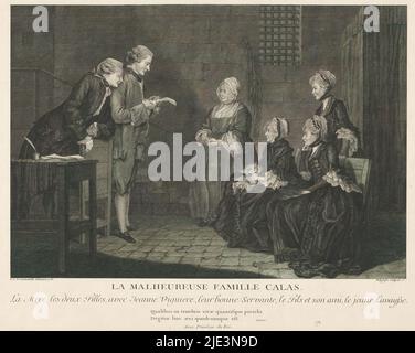 L'infelice famiglia Calas, 1765, la Malheureuse Famille Calas (titolo in oggetto), la famiglia di Jean Calas in prigione: A destra sua moglie, le due figlie e la serva d'onore, a sinistra il figlio con un amico. Jean Calas, un protestante, è stato condannato a morte a Tolosa nel 1762., tipografo: Jean-Baptiste Delafosse, (menzionato in oggetto), dopo disegno di: Louis de Carmontelle, (menzionato in oggetto), Lodewijk XVI (koning van Frankrijk), (menzionato in oggetto), Francia, 1765, carta, incisione, altezza 373 mm x larghezza 482 mm Foto Stock