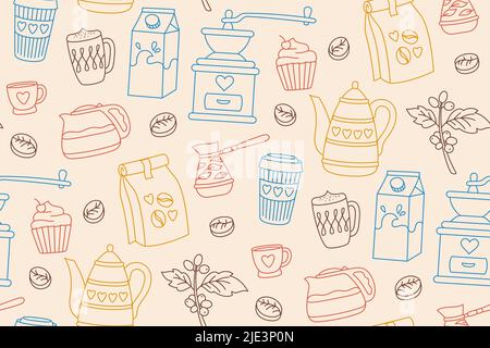 Caffè vintage senza cuciture. Cartone animato tazza bevanda, fagioli e cezve pentola. Colazione cappuccino tazza espresso senza limiti ornamento. Lineare vettore infinito disegno carta scrapbook menu coffeehouse Illustrazione Vettoriale