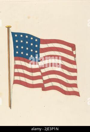 Bandiera americana, 1818, bandiera americana con venti stelle e tredici strisce. Istituito il 13 aprile 1818 dal Congresso degli Stati Uniti come bandiera ufficiale. Questa bandiera era valida solo in quest'anno., tipografo: anonimo, 1818 - 1820, carta, incisione, altezza 207 mm x larghezza 186 mm Foto Stock