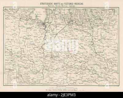 Mappa del campo di battaglia nel nord Italia, 1866, Strategische Karte des Festungs-Vierecks Peschiera, Verona, Mantova, Legnago (titolo sull'oggetto), Mappa del campo di battaglia nel nord Italia, intorno alle città di Pescara, Verona, Mantova e Legnago. Al tempo della guerra austro-prussiana del 1866., stampante: J.F. Schreiber, (menzionato in oggetto), Esslingen, lug-1866, carta, altezza 379 mm x larghezza 558 mm Foto Stock