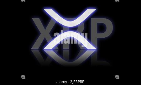 logo xrp crypto neon su sfondo nero. logo xrp ledger su sfondo nero con logo riflesso e criptovaluta Foto Stock