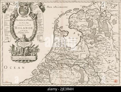 Mappa della Repubblica dei sette Paesi Bassi Uniti, Province Unies des Pais-Bas connues sous le nom de Holande (titolo in oggetto), carta francese della Repubblica. In alto a sinistra cartouche con titolo, sopra di esso lo stemma dello Stadholder Guglielmo III. Sotto titolo una figura femminile che porta un cartouche con luogo di pubblicazione, editore e privilegio. Sotto cartouche: Quinze lieües de France chacune de 3000 pas geometriques. Sinistra e destra di cartouche un putto con un banderole su cui sono menzionati i possedimenti olandesi d'oltremare rispettivamente in Occidente e in Oriente. Divisioni gradi lungo i bordi., stampa Foto Stock