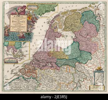 Mappa della Repubblica dei sette Paesi Bassi Uniti, Belgi pars septentrionalis comuni nomine vulgo Hollandia (...) (Titolo su oggetto), cartouche in alto a sinistra con titolo, attorno al quale sono raffigurate varie figure, tra cui: Nettuno, Fama, tre putti che portano lo stemma della Repubblica e due sirene. A destra del titolo cartouche una mappa inset di New Netherland e un paesaggio urbano ovale di New Amsterdam, il bastone di scala di accompagnamento: Milliaria Germania communia. Sotto il titolo cartouche una mappa inset delle Indie Orientali e un paesaggio urbano ovale di Batavia. In basso a destra una mappa inset di parte di Foto Stock