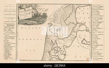 Mappa storica dei Paesi Bassi con i territori dei Bataviani e dei Frisiani, Pars i Frisiae Liberae quae Westfresia (...) / La parte i della Frisia libera. Quale Westfriesland è (...) (Titolo su oggetto), Mappa delle aree Frisone nella Frisia Occidentale in epoca romana. In alto a sinistra cartouche con titolo, sopra due putti. A destra di cartouche sullo sfondo Nettuno e diversi tritoni. Scala bastone sotto cartouche: Quadrans gradus. Gradi lungo i bordi sinistro e destro. A sinistra e a destra della stampa di strisce di testo della tipografia con traduzione olandese del titolo (in alto a sinistra) e dei termini utilizzati sulla mappa., tipografia Foto Stock