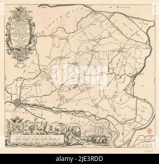 Mappa del distretto di Oostdongeradeel, Donger parte est zyde der Pasens il quarto distretto di Ooster goo (...) (Titolo su oggetto), cartouche in alto a sinistra con titolo, informazioni amministrative sul distretto e le braccia di Oostdongeradeel e del grietman, jonker Ulbe baron van Aylva. Bottom left cartouche con leggenda e scala: A gemeene halve Duytze myle van 15 in een graad - Maat van 1000 konings roeden welker 1200 maaken een gemeene uire gaans. Intorno ad esso lo stemma della città di Dokkum, Nettuno, due putti e un contadino., tipografo: anonimo, Bernardus Schotanus à Sterringa, (. Foto Stock