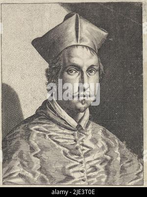 Ritratto del cardinale Francesco Barberini di seguito nel margine un testo in latino sulla sua saggezza e la pace nel suo cuore, Ritratto di Francesco Barberini, tipografo: Melchior Tavernier, (menzionato in oggetto), editore: Jean Messager, (menzionato in oggetto), Parigi, 1607 - 1641, carta, incisione, incisione, h 141 mm x l 97 mm Foto Stock