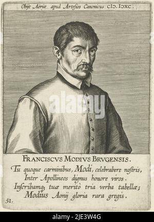 Ritratto di Francis Modius, umanista e poeta di Bruges Bust a destra la stampa ha una parte superiore e una didascalia latina ed è parte di una serie di famosi studiosi olandesi e fiamminghi, Ritratto di Franciscus Modius Franciscvs Modivs Brvgensis Ritratti di famosi studiosi olandesi e fiamminghi Illustrium Galliae Belgicae scriptorum icones et elogi, tipografia: Philips Galle, (attribuita al laboratorio di), Aubert le Mire, editore: Philips Galle, Anversa, 1604 - 1608, carta, incisione, h 147 mm x l 106 mm Foto Stock