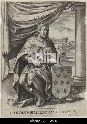 Carlo III il semplice, re di Francia accanto a lui lo stemma di Francia la stampa serve come illustrazione per un libro sulla storia dei conti di Brabante, Ritratto di Carlo il semplice Carolvs simplex LVD Balbi F, tipografo: Philips Galle, (rifiuto di attribuzione), tipografo: anonymous, editore: Johannes Baptista Vrints (i), (possibilmente), Anversa, 1603, carta, incisione, a 195 mm x l 135 mm Foto Stock