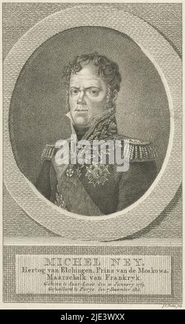 Ritratto del maresciallo Michel Ney, Duca di Elchingen, Johannes Christiaan Bendorp, dopo sconosciuto, 1815-1849, Print maker: Johannes Christiaan Bendorp, (menzionato sull'oggetto), Unknown, Paesi Bassi, 1815 - 1849, carta, incisione, h 169 mm x l 110 mm Foto Stock