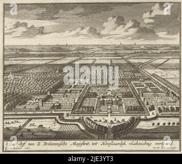 Vista dall'alto di Palazzo Honselaarsdijk, Carel Allard (attribuito a), 1689 - 1702, Stampa da una serie di diciassette stampe di Palazzo Honselaarsdijk., tipografia: CAREL Allard, (attribuito a), editore: CAREL Allard, (menzionato in oggetto), Amsterdam, 1689 - 1702, carta, incisione, h 175 mm x l 205 mm Foto Stock