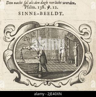 L'avversità dà luce nelle tenebre, Gaspar Bouttats, 1679, pagina da un libro (p. 47) con testo su verso. In un cartouche ovale l'interno di una stanza. Due uomini illuminano diverse candele, illuminando la stanza. Sopra la cartouche il titolo (motto) della stampa e una citazione della Bibbia (Salmo 138:12). Sotto la stampa una didascalia, 'è la mia utilità, parola 'cazzo gesnut.' e una descrizione spiega: Le avversità fanno parte della vita tanto quanto la prosperità, così come giorno e notte si susseguono. L'oscurità ci fa accendere le candele, e attraverso le avversità ci ricordiamo di Dio e lasciamo che la sua luce bruci dentro Foto Stock