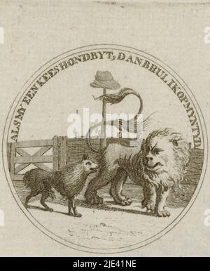 Medaglione con keeshond e leone, ca. 1787, anonimo, 1787, Medallion con un keeshond e il Leone Olandese nel Giardino Olandese, ca. 1787. Il leone dice 'se il mio a keeshond byt, poi ruggito a myn tyd'., tipografia: anonimo, Paesi Bassi del Nord, 1787, carta, incisione, h 62 mm - l 61 mm Foto Stock