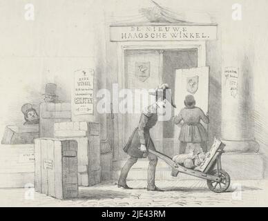 Cartoon sulla mostra di maestri viventi a l'Aia, 1839, anonimo, 1839, Cartoon sulla mostra di dipinti di maestri viventi a l'Aia nel 1839. Le opere premiate si sono rivelate per lo più di artisti di Brabant e, secondo voci, già di proprietà prima della mostra da Barone de Ceva, affiancato al Principe Frederik e membro del comitato espositivo. Mentre il negozio è in fase di imbarco, il Baron de Ceva parte con una carriola carica di borse di denaro e un dipinto. Sulla sinistra alcune casse con dipinti pronti per il trasporto, una etichettata 'Rijks m(useo) Haa(rlem)' e. Foto Stock