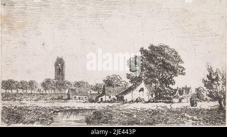 Vista di un villaggio, Gijsbertus Johannes Verspuy, 1833 - 1862, figure su un percorso che passa case in acqua. Sullo sfondo una torre di chiesa e una diga con alberi., tipografia: Gijsbertus Johannes Verspuy, Olanda, 1833 - 1862, carta, incisione, a 70 mm x l 119 mm Foto Stock