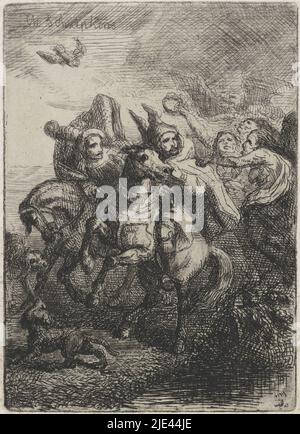 Macbeth e Banquo incontrano le tre streghe, Theodor Schaepkens, 1825 - 1883, tipografo: Theodor Schaepkens, (menzionato sull'oggetto), 1825 - 1883, carta, incisione, drypoint, a 151 mm x l 108 mm Foto Stock