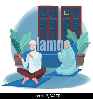 Un paio di donne e uomini musulmani stanno facendo la loro preghiera notturna o Tarawih di notte all'interno delle loro case. Laylat al-Qadr. Notte di Decreto. Notte di potere. Illustrazione Vettoriale