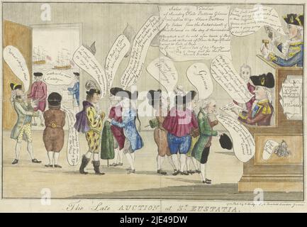 Cartoon of the English on St. Eustatia, 1781, anonimo, 1781, Cartoon della cattura e saccheggio dell'isola di St. Eustatia da parte degli inglesi sotto l'ammiraglio George Brydges Rodney, 1st Barone Rodney e generale Sir John Vaughan nel 1781 durante la quarta guerra anglo-olandese. Interno di una casa d'asta dove i possedimenti dell'isola saccheggiato dagli inglesi sono all'asta da Rodney e Vaughan. Tra i compratori oltre a Englishmen sono un Dutchman e un Frenchman., creatore di stampa: anonimo, editore: Edward Hedges, (menzionato sull'oggetto), creatore di stampa: Inghilterra, Editore: Londra, 1781, carta, incisione Foto Stock