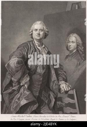 Ritratto di Louis-Michel van Loo con ritratto di suo padre, Simon Charles Miger, dopo Louis Michel van Loo, 1779, tipografo: Simon Charles Miger, (menzionato sull'oggetto), dopo: Louis Michel van Loo, (menzionato sull'oggetto), 1779, carta, incisione, a 405 mm x l 283 mm Foto Stock