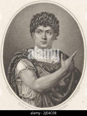 Talma, come Nero in Britannicus, Willem van Senus, dopo G. Muneret, 1829 - 1851, Ritratto dell'attore francese Francois Joseph Talma, nel ruolo di Nero nel gioco Britannicus del drammaturgo francese Jean Racine., stampatore: Willem van Senus, (menzionato sull'oggetto), dopo: G. Muneret, (menzionato sull'oggetto), editore: Johannes Christoffel van Kesteren, (citato in oggetto), Paesi Bassi, 1829-1851, carta, incisione, h 240 mm x l 149 mm Foto Stock