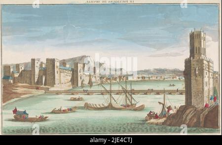 Vista del distretto di Triana, un ponte sul fiume Guadalquivir e la Torre del Oro a Siviglia, Jacques Gabriel Huquier, 1735 - 1805, editore: Jacques Gabriel Huquier, (menzionato sull'oggetto), tipografo: anonimo, editore: Parigi, tipografo: Francia, 1735 - 1805, carta, incisione, pennello, h 268 mm x l 409 mm Foto Stock