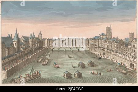 Vista del Pont au Change costruito sul fiume Senna a Parigi, Jean-Francois Daumont, 1745 - 1775, numerato nel titolo: 84., editore: Jean-Francois Daumont, (menzionato sull'oggetto), tipografo: anonimo, editore: Parigi, Tipografia: Francia, 1745 - 1775, carta, incisione, pennello, a 296 mm x l 433 mm Foto Stock