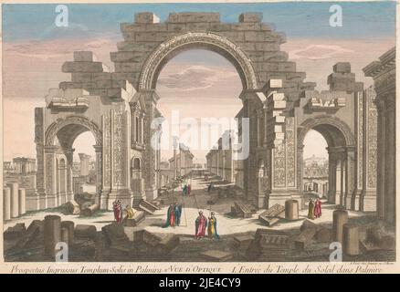 Vista della rovina dell'arco del colonnato a Palmyra, visto dal lato est, Jean-Francois Daumont, 1745 - 1775, numerato nel titolo: 11., editore: Jean-Francois Daumont, (menzionato sull'oggetto), tipografo: anonimo, editore: Parigi, Tipografia: Francia, 1745 - 1775, carta, incisione, pennello, a 283 mm x l 391 mm Foto Stock