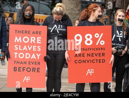 La campagna di protesta del A21 a Londra, un evento globale per sensibilizzare e finanziare la lotta contro la tratta di esseri umani e la schiavitù moderna. Foto Stock