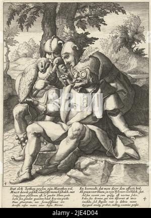 Ognuno pensa che il suo gufo sia un falcone, Hendrick Goltzius (attribuito al workshop di), dopo Karel van Mander (i), 1590 - 1594, Un uomo siede a terra guardando attraverso i suoi occhiali il gufo sulla sua mano (e pensa che vede un falcone). Dietro di lui due giarri, ognuno con un marot (il personale del jester). Il proverbio raffigura l'idea che tutti pensano di avere o sono i migliori stessi. Sotto la rappresentazione c'è un versetto olandese e un versetto latino esplicativo di Franco Estius., tipografo: Hendrick Goltzius, (attribuito al laboratorio di), Karel van Mander (i), Franco Estius, tipografo: Haarlem, Haarlem Foto Stock