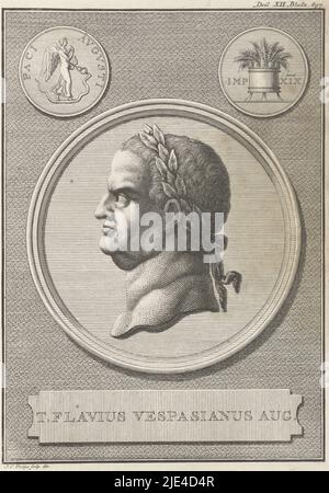 Ritratto dell'imperatore Vespasiano, Jan Caspar Philips, 1746, Medaglia con il ritratto di Tito Flavio Vespasiano, imperatore romano. Negli angoli superiori monete romane., stampatore: Jan Caspar Philips, (menzionato sull'oggetto), Jan Caspar Philips, (menzionato sull'oggetto), Amsterdam, 1746, carta, incisione, h 185 mm x l 133 mm Foto Stock