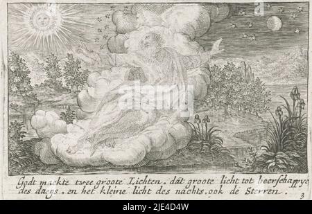 Dio crea il sole, la luna e le stelle, Crispijn van de Passe (i), 1700 - 1750, Dio crea il sole, la luna e le stelle e così separa la luce dalle tenebre. Nel margine una didascalia a due righe in olandese., tipografia: Crispijn van de Passe (i), editore: Isaac Greve, tipografia: Utrecht, editore: Amsterdam, 1700 - 1750, carta, incisione, h 83 mm x l 124 mm Foto Stock
