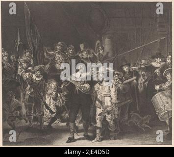 Ufficiali e altri marksmen del distretto II ad Amsterdam guidati dal Capitano Frans Banninck Cocq e dal tenente Willem van Ruytenburch, conosciuto come 'Night Watch', anonimo, 1809 - 1899, la compagnia corporale del Capitano Frans Banninck Cocq e il tenente Willem van Ruytenburch, noto come 'Night Watch'. I gunner del Kloveniersdoelen uscendo da una porta. Gli arcieri sono armati di lance, muschi e halberds. Sulla destra il batterista con un tamburo grande. Tra i soldati a sinistra c'è una ragazza con un pollo morto intorno alla sua vita, a destra un cane abbaiare. In alto a sinistra l'insegna con il Foto Stock