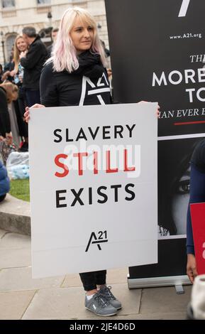 La campagna di protesta del A21 a Londra, un evento globale per sensibilizzare e finanziare la lotta contro la tratta di esseri umani e la schiavitù moderna. Foto Stock
