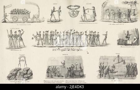 Cartoon da Utrecht almanac studente, 1833, anonimo, 1833, Cartoon da almanac studente dell'Università di Utrecht dell'anno 1833. Foglio con dieci scene comiche e allegoriche della vita studentesca e della storia recente. Nelle prime due scene sui legami tra olandese, inglese e belga. Al di sotto di questo, una sfilata dei volontari Utrecht Hunters. In alto a sinistra, una locomotiva a vapore tira un carro pieno di professori., tipografia: anonimo, Paesi Bassi, 1833, carta, a 433 mm x l 528 mm Foto Stock