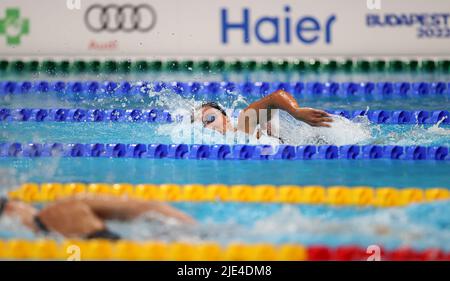 Budapest, Ungheria. 24th giugno 2022. Simona Quadarella d'Italia compete durante la finale femminile 800m del Freestyle al Campionato Mondiale FINA 19th a Budapest, Ungheria, 24 giugno 2022. Credit: Li Ying/Xinhua/Alamy Live News Foto Stock