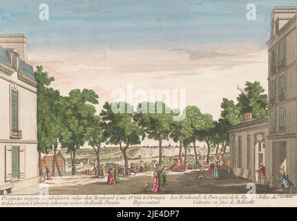 Vista di un viale a Parigi visto da Rue des Filles du Calvaire verso il distretto Belleville, Jean-Francois Daumont, 1745 - 1775, numerato nel titolo: 33., editore: Jean-Francois Daumont, (menzionato sull'oggetto), tipografo: anonimo, editore: Parigi, Tipografia: Francia, 1745 - 1775, carta, incisione, pennello, a 276 mm x l 412 mm Foto Stock