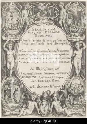 Cartouche circondato da putti e scene della vita di Maria, Jacques Callot, 1622 - 1629, cartouche ovale con titolo latino, circondato da sei putti, cinque medaglioni con scene della vita di Maria e uno stemma. Le scene narrative riguardano dall'alto a destra in basso a destra (in senso antiorario): Nascita di Maria, nascita di Cristo, Crocifissione, Cristo appare a Maria dopo la sua morte, Ascensione e Coronazione di Maria., tipografia: Jacques Callot, Nancy, 1622 - 1629, carta, incisione, h 98 mm - l 72 mm Foto Stock