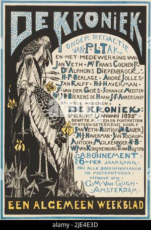 Scheda pubblicitaria per 'De Kroniek', Theo van Hoytema, 1895, a sinistra del testo tre marabose tra gigli e piante acquatiche., tipografia: Theo van Hoytema, (menzionato in oggetto), editore: Cornelis Marinus van Gogh, (menzionato in oggetto), 1895, carta, h 356 mm x w 254 mm Foto Stock