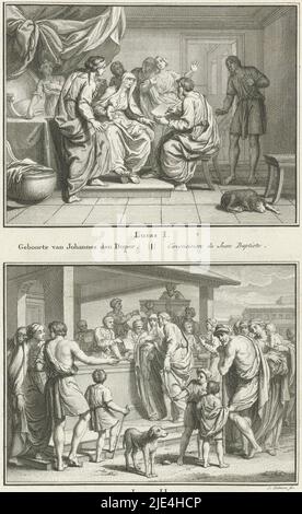 La nascita di Giovanni Battista e di Maria e Giuseppe riferisce al censimento di Betlemme, Jacob Folkema, 1791, due rappresentazioni bibliche di Luca 1 e 2. La nascita di Giovanni Battista e di Maria e Giuseppe riportano al censimento di Betlemme. Due rappresentazioni di un piatto, ciascuna intitolata in olandese e francese. Numerato in basso a destra: 3., stampatore: Jacob Folkema, (menzionato sull'oggetto), editore: Johannes de Groot (II), editore: Abraham Blussé & Zoon, editore: Amsterdam, editore: Dordrecht, 1791, carta, incisione, h 318 mm x l 190 mm Foto Stock