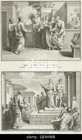 Profezia di Agabus e Paolo parla al popolo, Giacobbe Folkema, 1791, due rappresentazioni bibliche degli atti 21 e 22. Agabus predice che Paolo sarà legato a mano e piede a Gerusalemme, e Paolo parla al popolo da una scala. Due rappresentazioni di un piatto, ciascuna intitolata in olandese e francese. Numerato in basso a destra: 47., stampatore: Jacob Folkema, (menzionato sull'oggetto), editore: Johannes de Groot (II), editore: Abraham Blussé & Zoon, editore: Amsterdam, editore: Dordrecht, 1791, carta, incisione, h 328 mm x l 195 mm Foto Stock