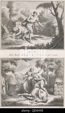 Caino fugge dopo aver ucciso Abele / Adamo ed Eva piangere Abele, Pieter Tanjé, 1791, due rappresentazioni bibliche. Top: Caino, tenendo il club, fugge dopo aver ucciso suo fratello Abel. Sotto: Adamo ed Eva piangono il loro figlio Abele. Sotto le rappresentazioni un riferimento ai testi e ai titoli biblici in olandese e francese., tipografo: Pieter Tanjé, (menzionato sull'oggetto), Amsterdam, 1716 - 1761 e/o 1791, carta, incisione, incisione, h 325 mm x w 195 mm Foto Stock